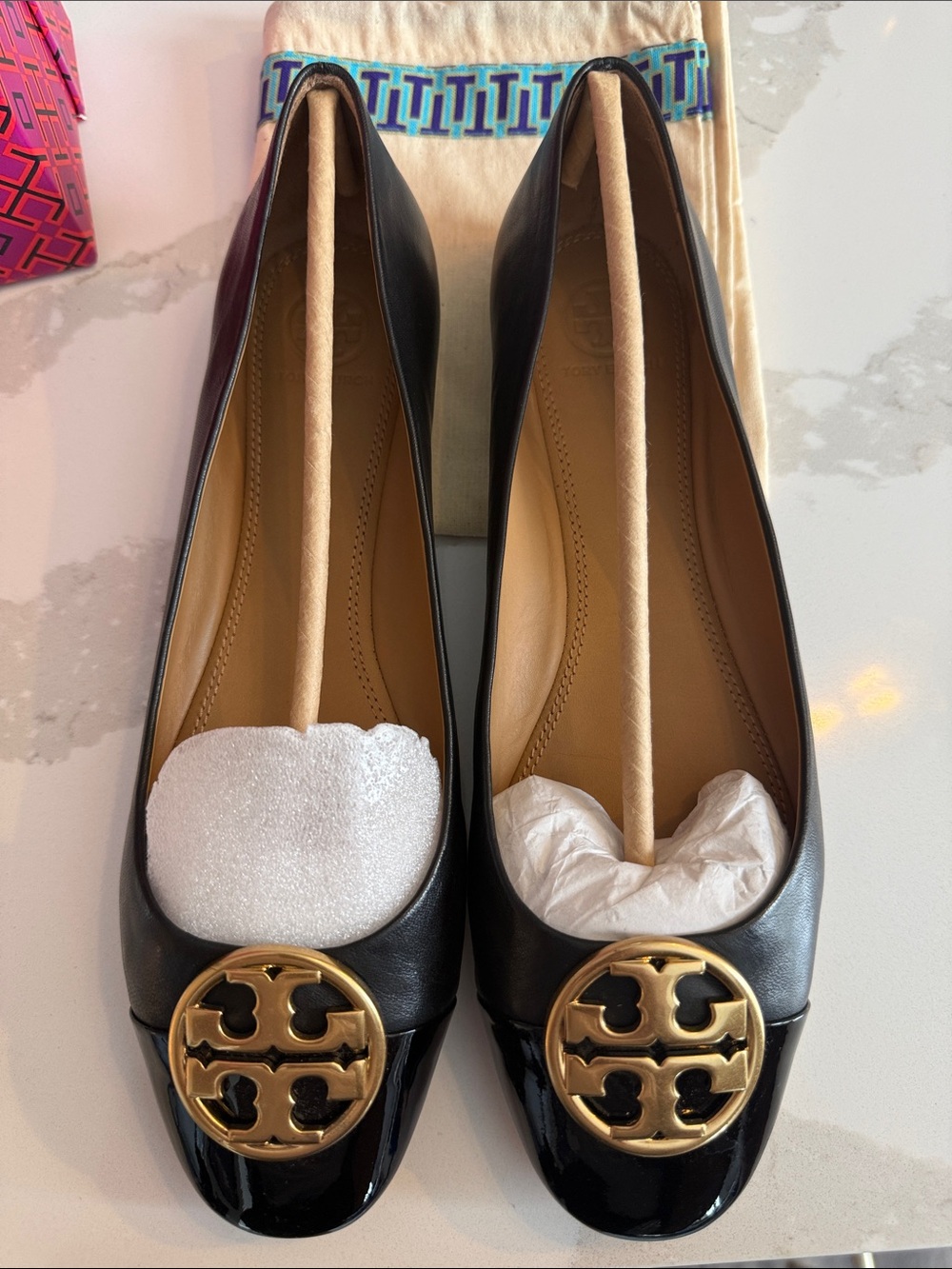 Tory Burch Black Patent Leather Flats with Gold Logo Medallions - Picture 3 of 7